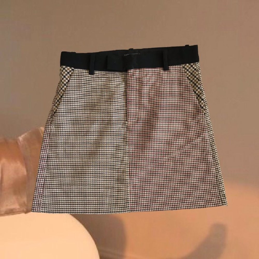 Zara Mixed Print Houndstooth Plaid Skirt